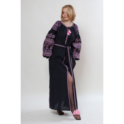 Sale!! Boho Style Ukrainian Embroidered Maxi Dress "Zlata Pink-on-Black" (XL)